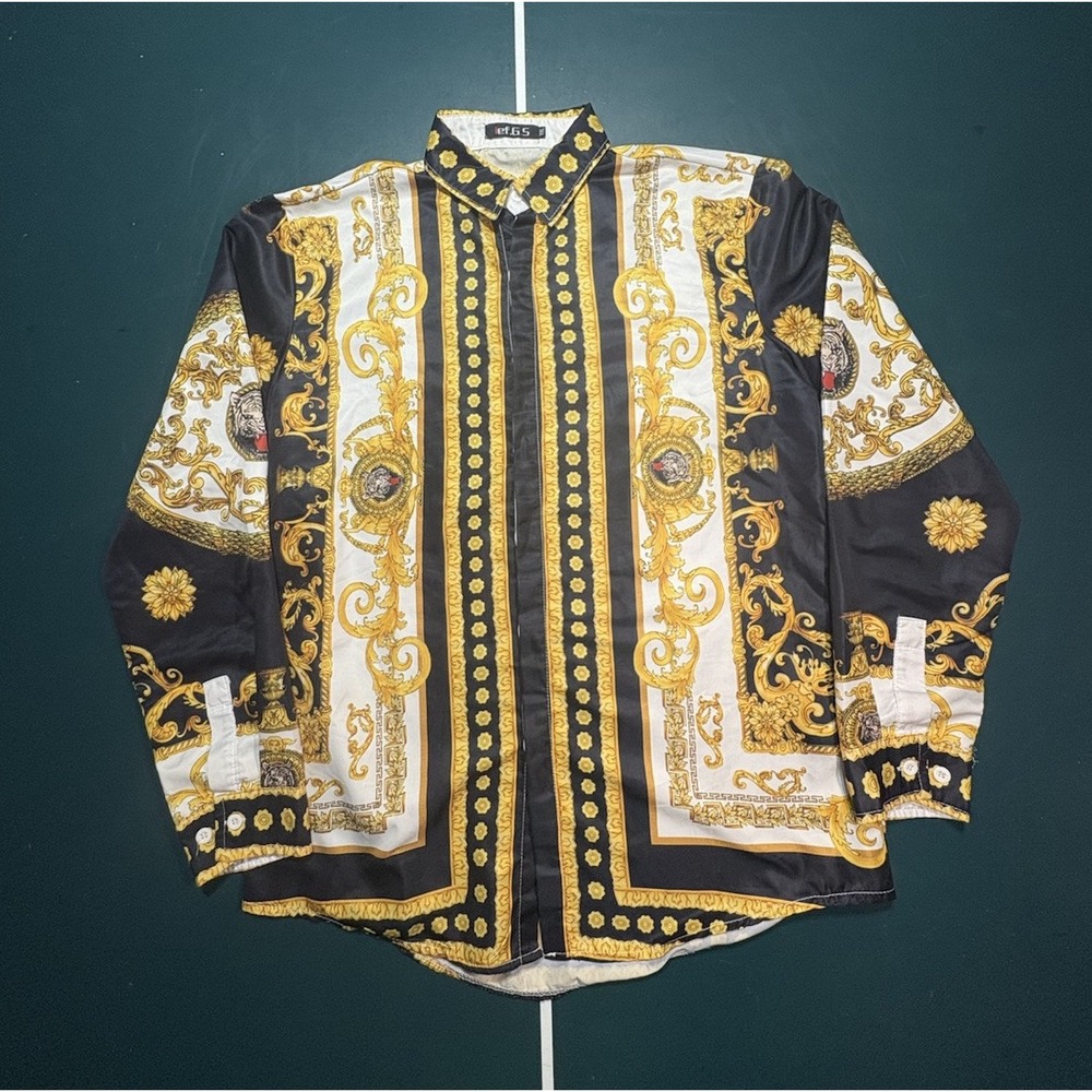 Versace-style Baroque Black and Gold Men's Dress Shirt